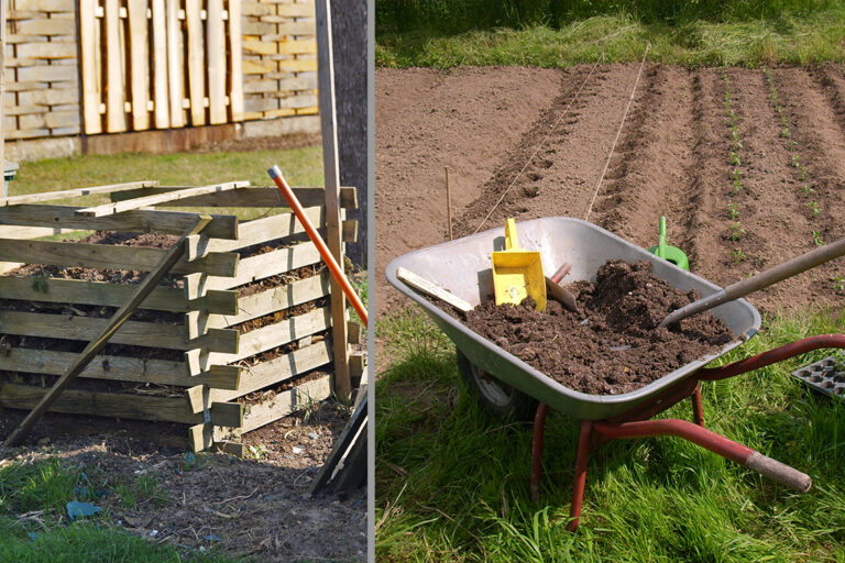 Foto links: Een compostbak van houten planken. Rechts: een kruiwagen met humus voor een plantbed.