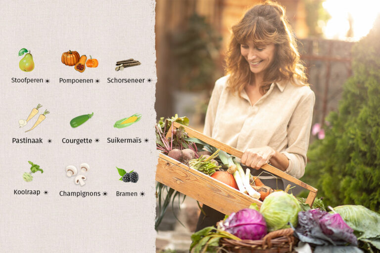Links is een detail van de seizoenskalender van oktober, rechts houdt een vrouw een mand met verse oogst in haar handen.