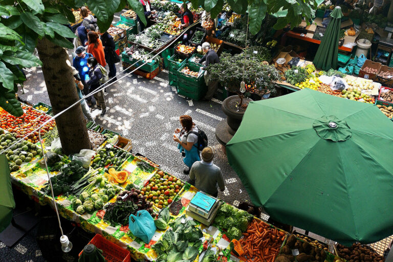 Op een markt bieden kleurrijke kraampjes groenten en fruit aan volgens de seizoenskalender, mensen gaan op deze markt inkopen doen.