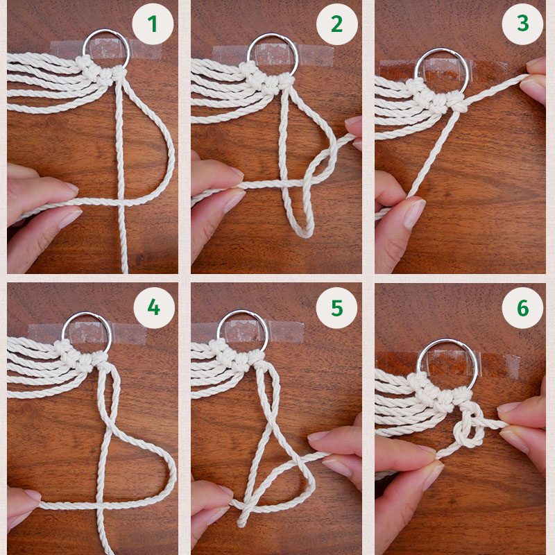 Hier laten we zien hoe de ribknoop rechts werkt voor de macramé sleutelhanger.