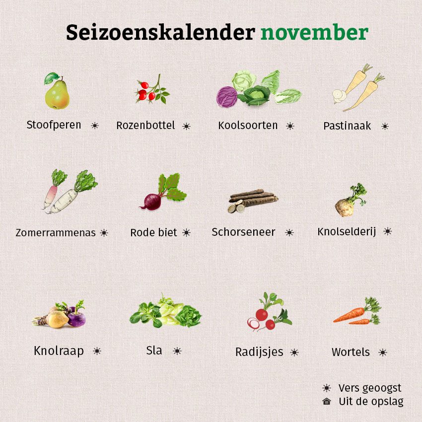 De grafiek toont fruit en groenten die zijn opgenomen in de seizoenskalender van november.