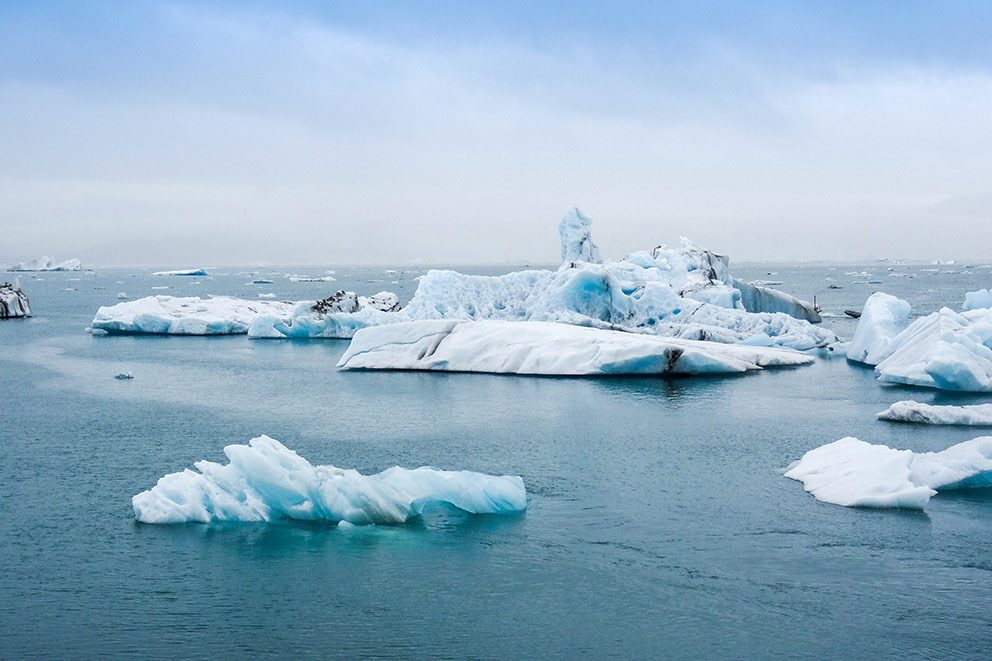 Enkele ijsschotsen drijven op zee.