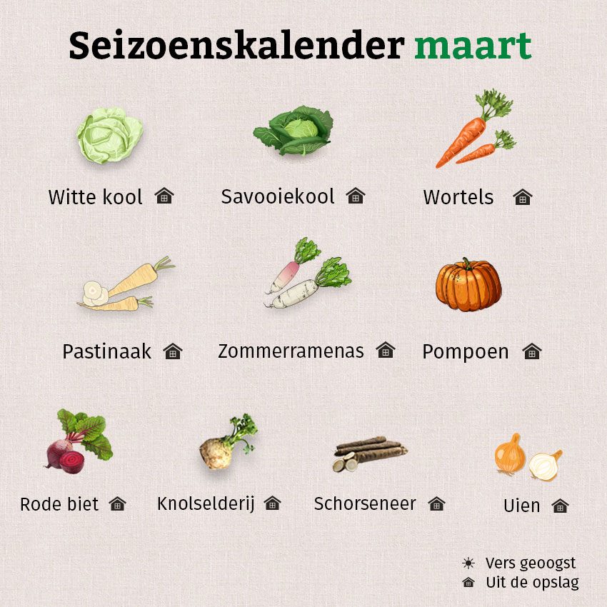 De grafiek toont de producten die beschikbaar zijn in de seizoenskalender van maart.