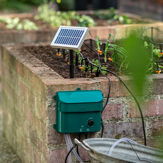 Bewateringssysteem water drops op zonne-energie in een moestuinbak van bakstenen