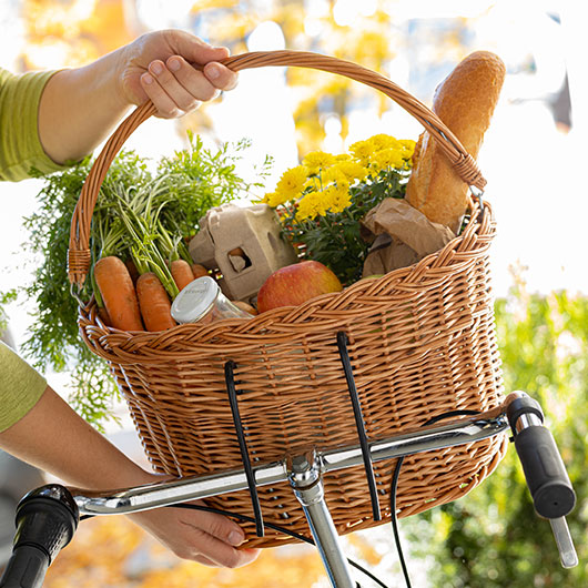 Fietsmandje met boodschappen erin