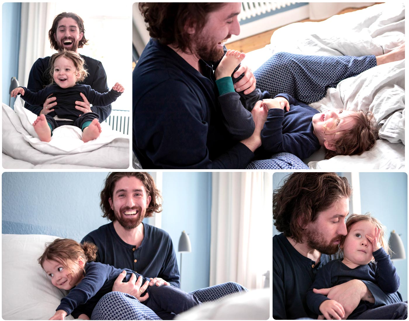 Een collage van verschillende foto's van een man en een kind in pyjama, spelend op het bed