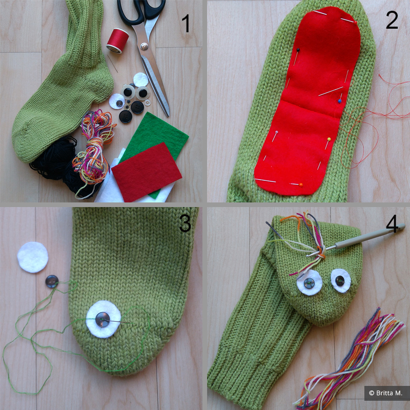 Instructies voor een zelfgemaakt sok-handpop In vier plaatjes worden het materiaal en stap 1 t/m 3 van de beschrijving getoond.