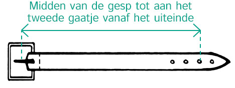 Midden van de gesp tot aan het tweede gaatje vanaf het uiteinde.