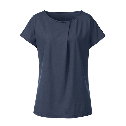 Shirt met ronde hals en wijdteplooi van bio-katoen, nachtblauw