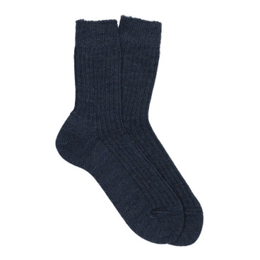 Ribgebreide scheerwollen sokken van zuivere bio-wol, jeansblauw-gemêleerd