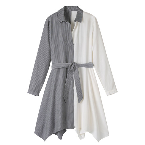 Tweekleurige blousejurk van TENCEL™ vezels met stoffen ceintuur, wit/grijs gestreept
