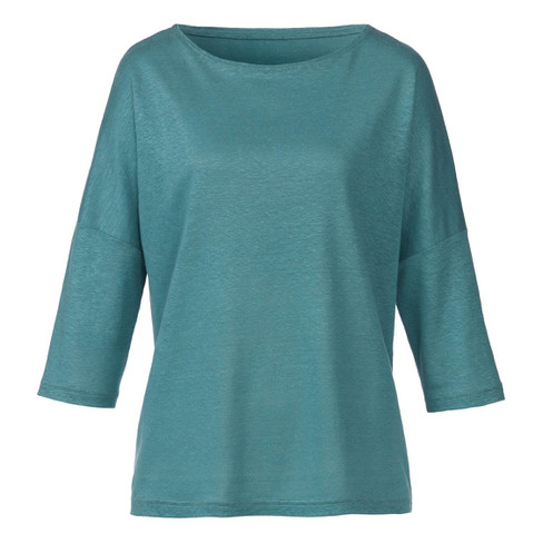 Linnen-jersey shirt met ronde hals en 3/4-mouwen, lagune