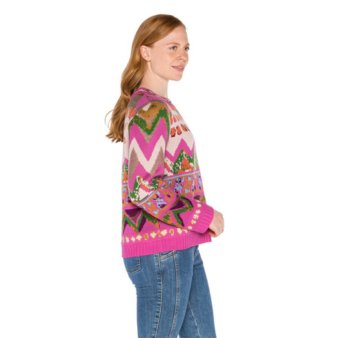 Jacquard pullover met ronde hals van bio-scheerwol, pink-motief