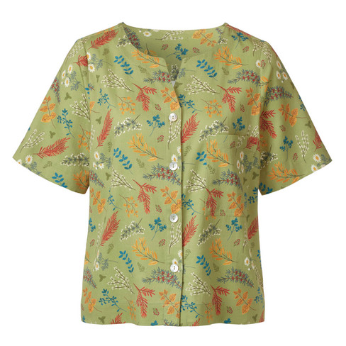 Satijnen blouse met bladerprint van bio-katoen, varen-motief