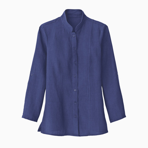 Lange linnen blouse met opstaande kraag, indigo