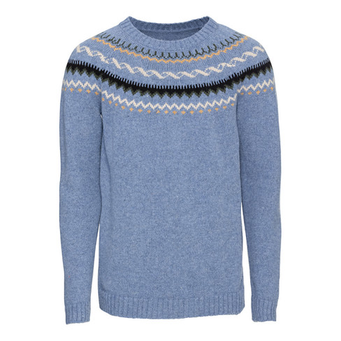 Noorse trui van bio-scheerwol, blauw-motief