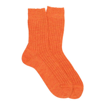 Ribgebreide scheerwollen sokken van zuivere bio-wol, oranje-gemêleerd