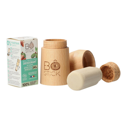 Bô Stick bio-deodorant amandelmelk, navulbare verpakking met applicator van beukenhout
