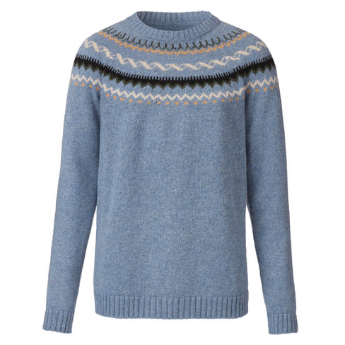 Noorse trui van bio-scheerwol, blauw-motief