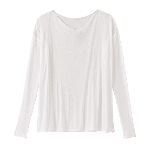 Licht transparent shirt met lange mouwen van bio-zijde met V-hals, natuurwit
