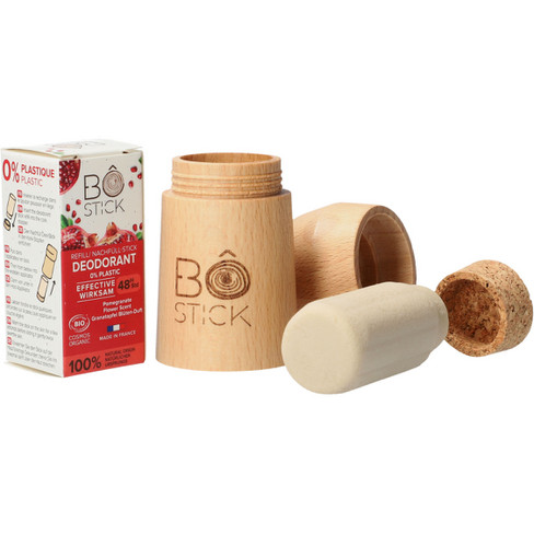 Bô Stick bio-deodorant granaatappel, navulbare verpakking met applicator van beukenhout