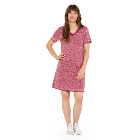 Jacquardgebreide jurk van bio-katoen, framboos-motief