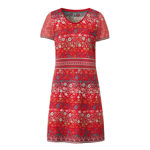 Image of Gebloemde jacquard-gebreide jurk van bio-katoen, rood-motief Maat: 40/42