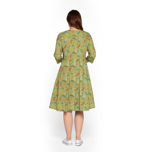 Satijnen jurk met bladerprint van bio-katoen, varen-motief