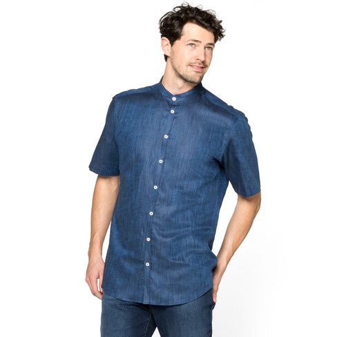 Overhemd met glanseffect van bio-katoen, blauw-gemêleerd