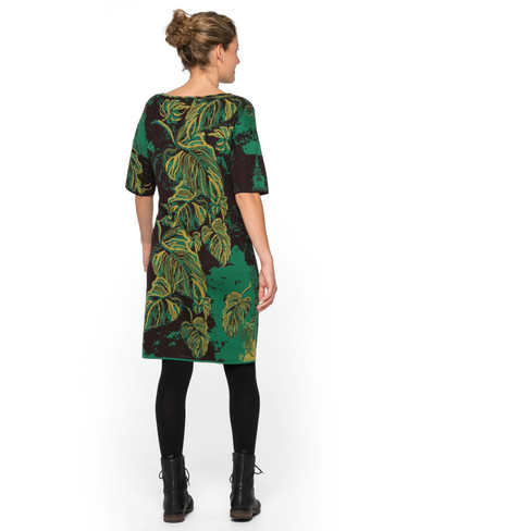 Jacquard-gebreide jurk van bio-katoen met bladerendessin, groen-motief