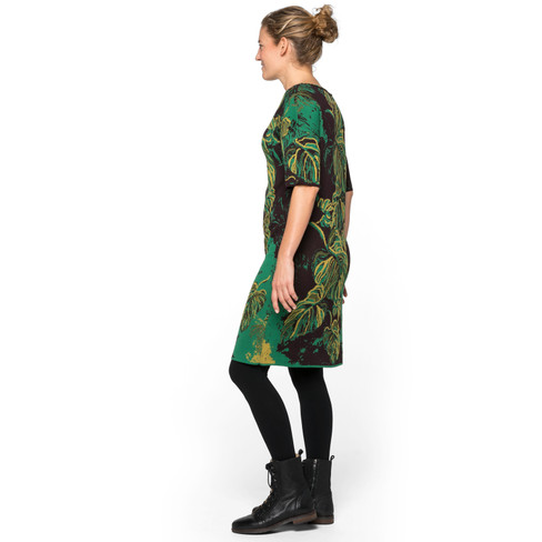 Jacquard-gebreide jurk van bio-katoen met bladerendessin, groen-motief