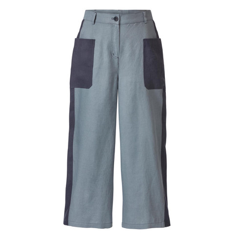 Tweekleurige linnen culotte in H-vorm, rookblauw-nachtblauw