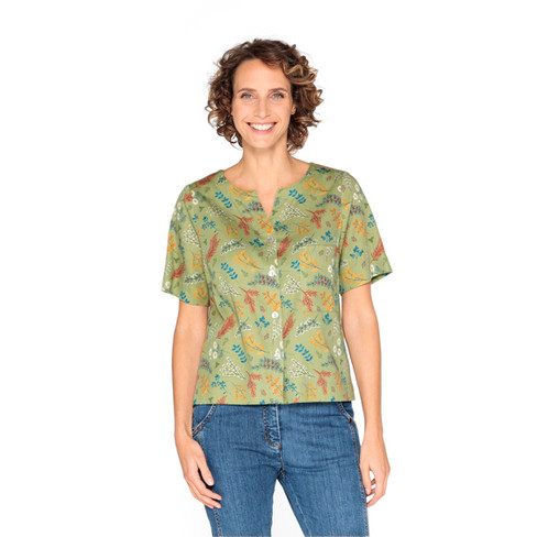 Satijnen blouse met bladerprint van bio-katoen, varen-motief