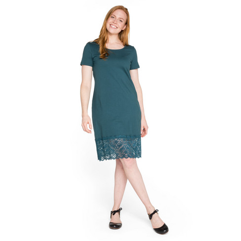 Jersey jurk van bio-katoen met kant, smaragd