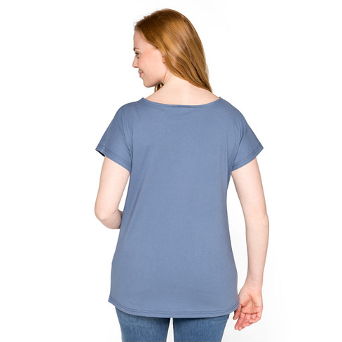 Shirt met ronde hals en wijdteplooi van bio-katoen, rookblauw