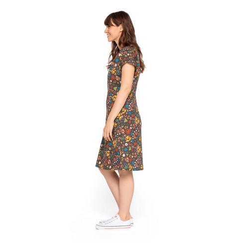 Satijnen jurk met bloemenprint van bio-katoen, chocolade-motief