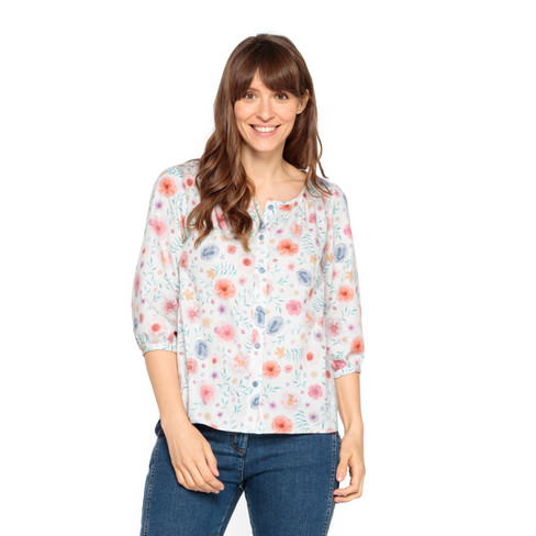Satijnen blouse met bloemenprint van bio-katoen, natuurwit-motief