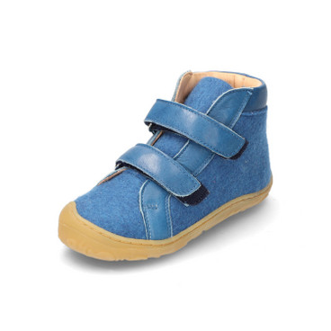 Lage schoen van merino-wolvilt met klittenband, jeansblauw