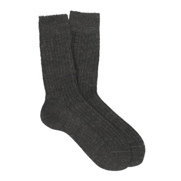 Ribgebreide scheerwollen sokken van zuivere bio-wol, antraciet-gemêleerd