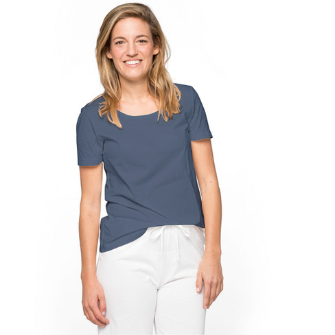 Pyjama-shirt van bio-katoen met ronde hals, rookblauw