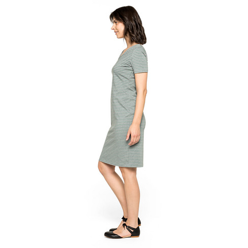 Jersey jurk van bio-katoen met dubbele V-hals, grijs/jade-gemêleerd
